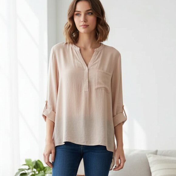 Anthropologie Lush Women’s Button Blouse Top 3/4 Length Sleeve Peach Pink Small - Picture 1 of 16